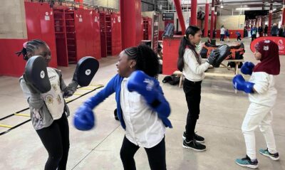 students doing boxing exercise