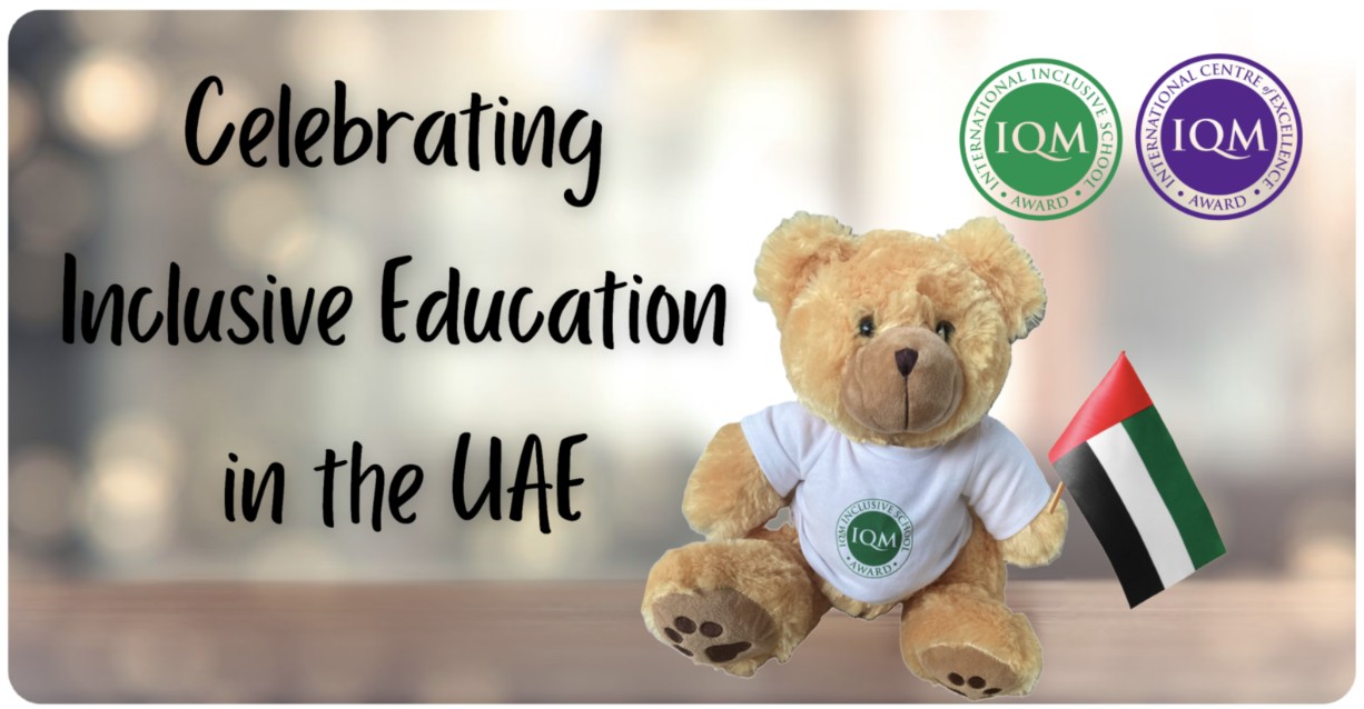 IQM’s Dexter holding a UAE flag, with the text reading ‘Celebrating Inclusive Education in the UAE’
