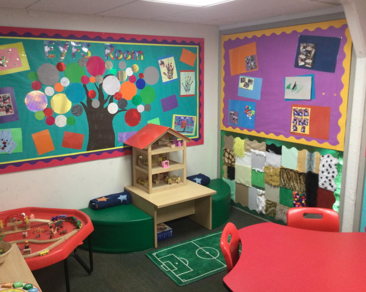 A photo of a classroom corner decorated with colourful wall displays made by pupils, and games.