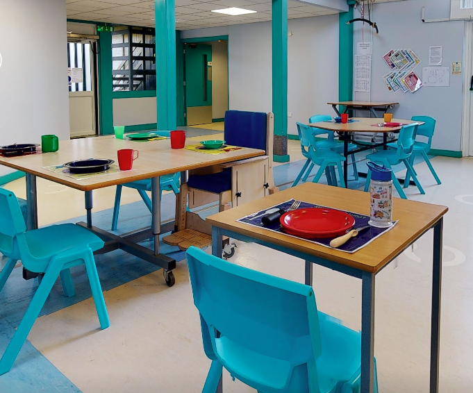 Canteen with separate tables, cutlery and bowls to allow students to develop life skills and independence.